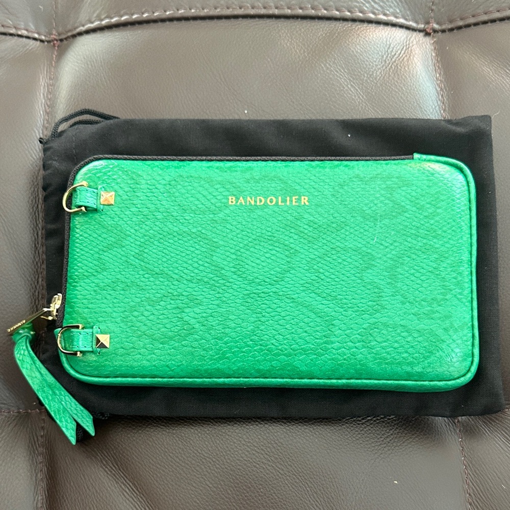 Bandolier Green Leather Wristlet Wallet with Gold Hardware